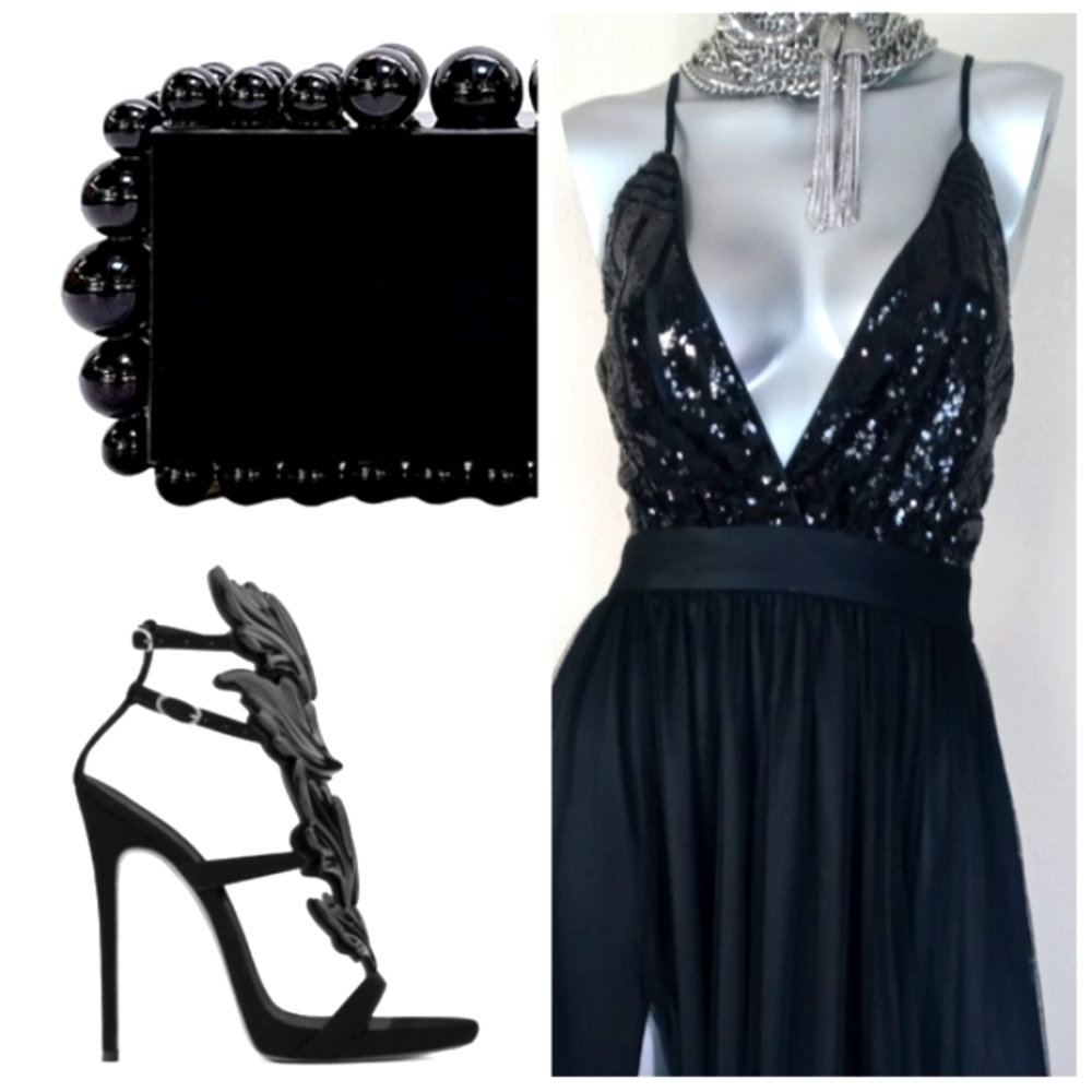 Black Sophisticated Cocktail Party Grunge Fairy Core Sequin Top Maxi Dress - Picture 16 of 16